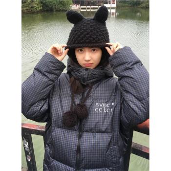 黑色格子連帽立領羽絨棉服外套女冬季2024新款美式加厚保暖麵包服