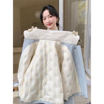 藍色羊羔毛拼接羽絨服女冬季派克服小個子短款獨特設計流行超好看