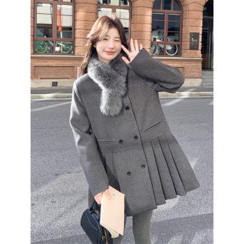 小香風灰色羽絨服毛呢外套女秋冬呢大衣小個子百褶西裝式連衣裙