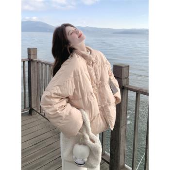 毛毛拼接粉色新中式國風羽絨服女冬季盤扣白鴨絨外套小個子減齡