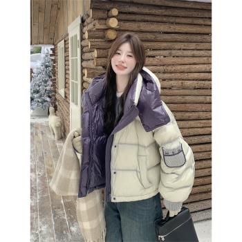 高階感紫色工裝羽絨服女冬季2024新款流行麵包服白鴨絨外套短款
