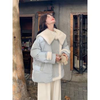 藍色羊羔毛大翻領羽絨服女冬季2025新款超好看溫柔風奶乎乎設計感