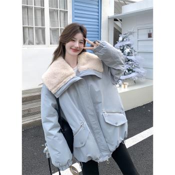 藍色羊羔毛大翻領羽絨服派克服女冬季2025新款流行工裝白鴨絨外套
