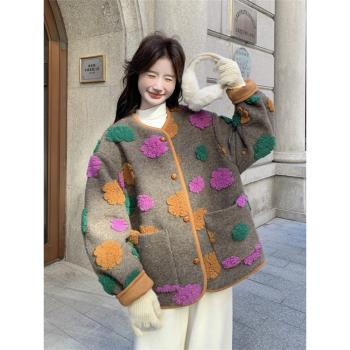 彩色立體碎花羽絨服毛呢外套女冬季2025新款短款小香風呢大衣爆款