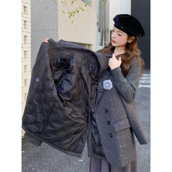 黑灰色羽絨服毛呢外套女秋冬西裝式呢大衣短款加厚學院風減齡爆款