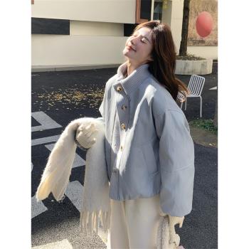 針織拼接藍色pu皮羽絨服女冬季2024新款短款小個子韓系白鴨絨外套