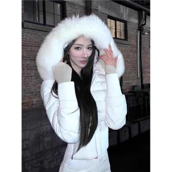 白色大毛領羽絨服女冬季新款修身顯瘦加厚小個子連帽短款棉衣棉服