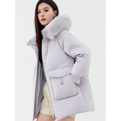 九江平湖羽絨服女中長款冬季小個子寬松連帽狐貍大毛領白鴨絨外套