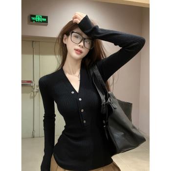 辣妹v領黑色長袖毛衣針織衫女春秋冬氣質內搭修身顯瘦打底衫上衣