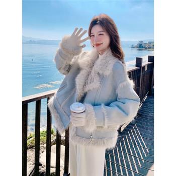 淺藍色翻領羊羔毛短外套女冬季2024新款設計感麂皮絨皮毛一體棉服