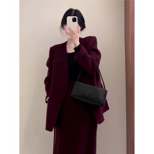 韓國簡約復古安可拉紅無領毛呢西裝外套半身裙兩件套裝女2025秋季