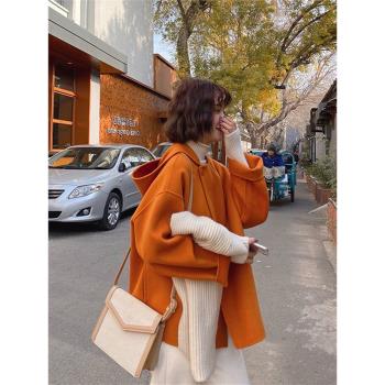 雙面羊絨大衣女短款2024年新南瓜色羊毛學生INS斗篷森系毛呢外套