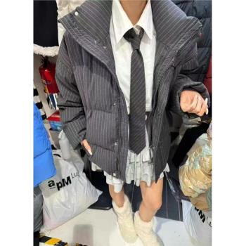 美式領帶條紋輕羽絨麵包服外套女寬松休閑百搭耐臟保暖夾克大衣冬