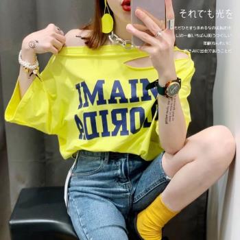 露肩破洞短袖女夏季歐貨寬松上衣