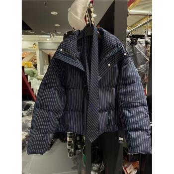學院風領帶條紋輕羽絨麵包服外套女寬松顯瘦氣質休閑夾克上衣冬潮