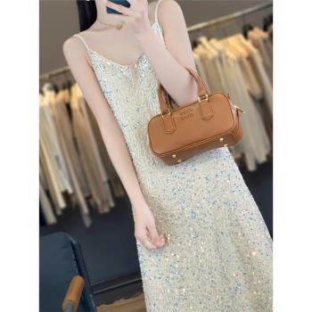 重工亮片吊帶連衣裙女夏季禮服裙子高階感氣質性感收腰顯瘦中長裙