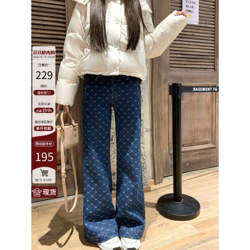 Bigking大金家「千金比例」小香風菱格寬松加絨微喇闊腿牛仔褲