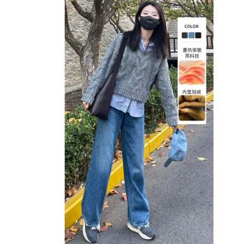 唐獅集團DESSO復古藍牛仔褲女冬季加絨保暖韓版窄版直筒休閑褲子
