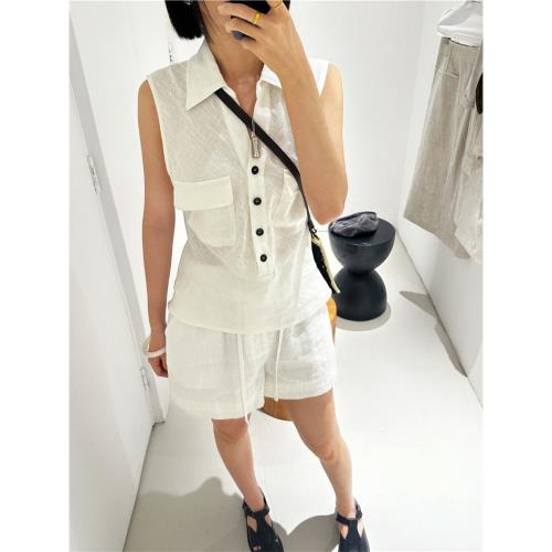 亞麻白色襯衣女雙口袋重工斜裁法式復古收腰顯瘦2024夏季無袖襯衫