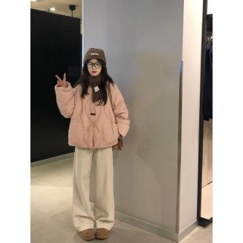 小個子粉色牛角扣羽絨服外套女韓版寬松休閑短款棉服上衣厚秋冬款
