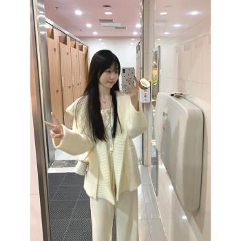 小個子白色連帽針織開衫外套女中長款寬松慵懶仿貂毛軟糯毛衣冬季