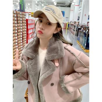 粉色爆款皮毛一體羊羔毛厚外套女2024新款冬季超好看氣質機車棉服