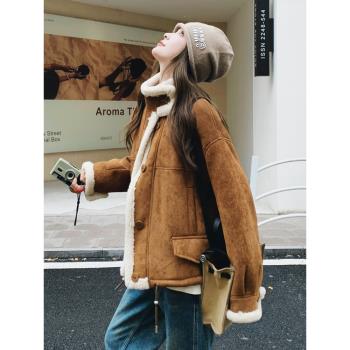 美拉德穿搭羊羔絨皮毛一體外套女小個子2024冬季新款加厚機車棉服