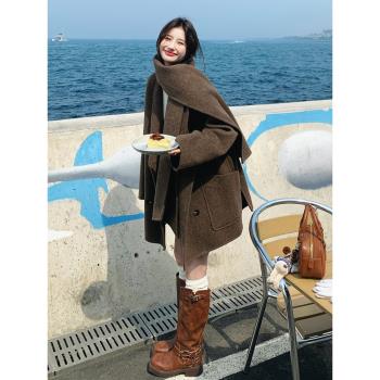 美拉德咖色帶圍巾款雙面呢羊絨大衣女2024冬季新款雙排扣毛呢外套