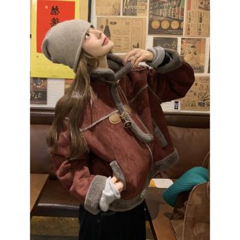 超好看氛圍感酒紅色麂皮絨皮毛一體外套女2024冬季新款加厚機車服