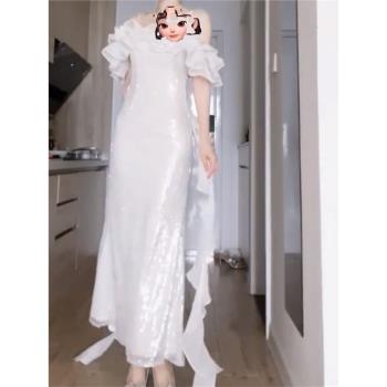 法式一字肩吊帶魚尾設計感晚禮服裙亮片主持人年會連衣裙高階長裙