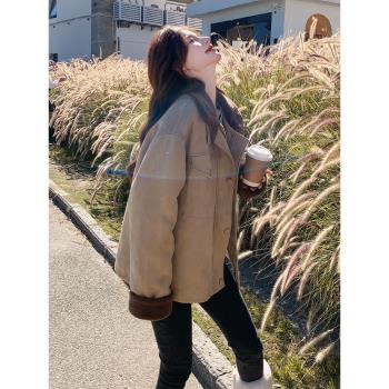 超好看卡其色白鴨絨內膽麂皮絨夾克外套女2024冬季新款加厚羽絨服