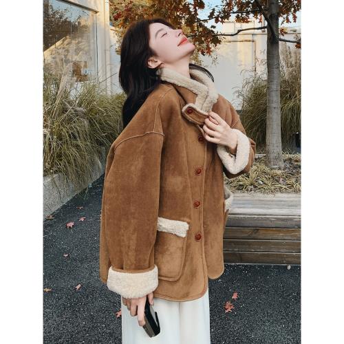 美拉德穿搭兩面穿麂皮絨皮毛一體外套女冬2025新款加厚羊羔絨棉服