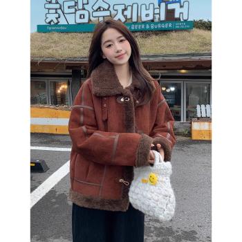 安克拉紅皮毛一體麂皮絨外套女冬季加絨加厚羊羔毛寬松立領機車服