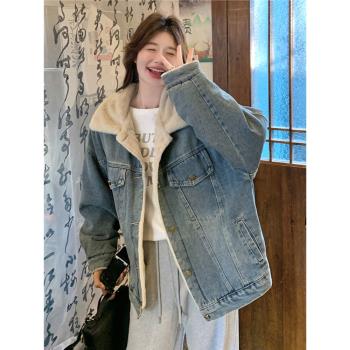 港風復古派克服女冬季加絨加厚2024新款寬松bf休閑牛仔棉服厚外套