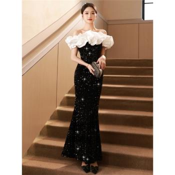 法式一字肩亮片魚尾晚禮服高階訂婚敬酒服年會主持氣質連衣裙長款