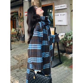韓系寬松帶圍巾兩面穿格子雙面呢大衣女2024冬季新款羊絨毛呢外套