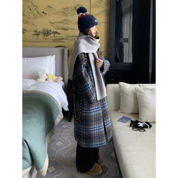 設計感小眾藍色格子雙面呢大衣女2024冬季新款兩面穿羊絨毛呢外套