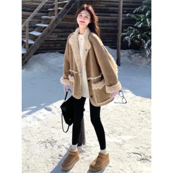 正反兩面穿羊羔毛外套女冬季加絨加厚皮毛一體復古麂皮絨寬松冬裝