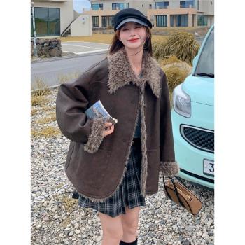麂皮絨皮毛一體外套女冬季2024新款加絨加厚羊羔毛機車棉服皮夾克