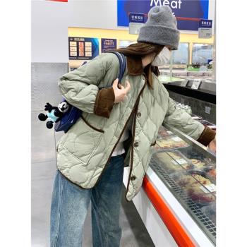 綠色菱格輕薄羽絨棉服女冬季2024新款燈芯絨拼接翻領棉衣夾克外套