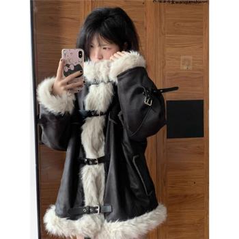 美式復古加絨加厚麂皮絨拼接羊羔毛皮衣一體機車服外套女冬季棉服