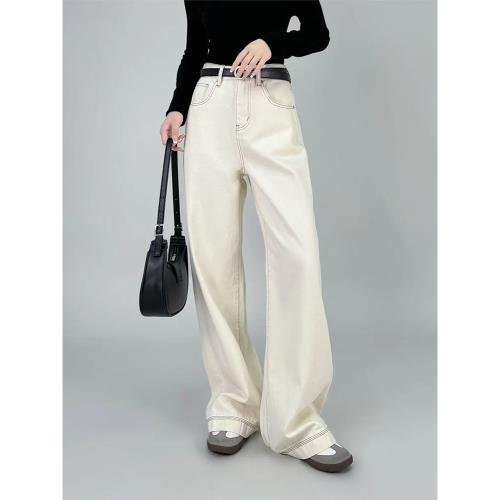 IDOLERA米白色闊腿牛仔褲女春季2026新款韓系寬松休閑直筒拖地褲