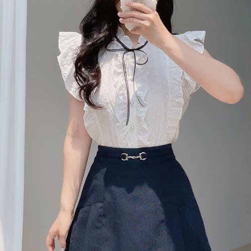 白色系帶蝴蝶結無袖襯衣女夏季新款百搭襯衫荷葉邊顯瘦雪紡上衣