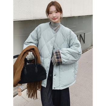 奶fufu藍色短款菱形格圓領羽絨服女冬季大碼設計感格子白鴨絨外套