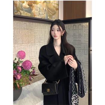 慵懶風黑色雙面羊絨大衣女2024冬季新款韓系小個子中長款毛呢外套
