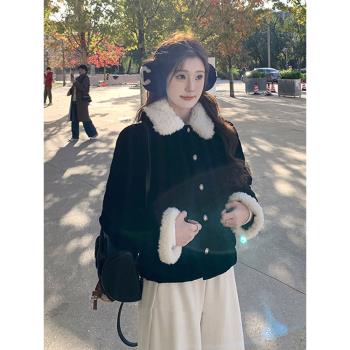 小個子香風黑色絲絨撞色毛領羽絨服女冬季高階感短款加厚夾棉外套