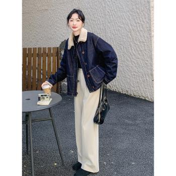 深藍色羊羔毛領牛仔羽絨服2024新款女冬加絨加厚高階感夾克短外套