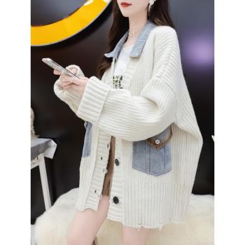 復古中長款時尚破洞外套女2024秋冬新款寬松休閑慵懶風開衫設計感