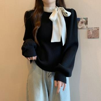 胖mm大碼高階感加厚法式氣質上衣女秋冬長袖撞色蝴蝶結系帶針織衫