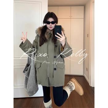 RIXO STREET法式復古綠色工裝羽絨服可拆卸大毛領時尚派克服外套